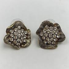 Clear Rhinestone Gold Tone Flower Statement Necklace Pierced Earrings Set Tiered | eBay