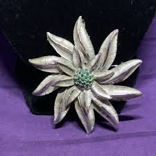Vintage 11W 30ST.INC. Silvertone Flower Brooch/Pendant w/Green Rhinestones Used | eBay