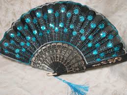 Vintage Hand Fan Black Blue Sequins VGC Tassel Gold Accents 9" | eBay