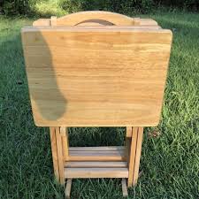 Vintage MCM Solid Wood 4 Tv Trays with Stand Fold Out | eBay