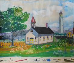 Vintage Folk Painting of Red Steeple White Church Red ...