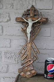 Antique wood carved crucifix bisque porcelain corpus christ ...