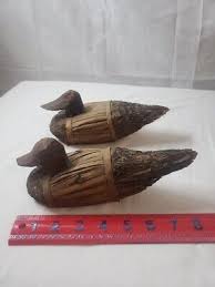 2 Vintage Folk Art Handcrafted Duck Decoy Decor Reeds Straw ...