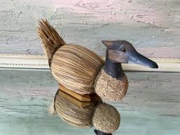 Vintage Straw Duck Figurine: Carved Wood, Cottagecore Decor ...