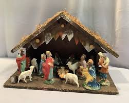 Vintage 14 Pcs Set Christmas Nativity Scene Manger Stable ...