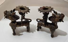 2 PAIR Antique Vtg Pixie Dragon/ Foo Dog Bronze Candleholder ...
