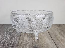 Vintage Heavy Cut Crystal Etched Glass Bowl With Feet Floral ...