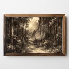 Moody Trees Print Digital Download | Antique Woods Etching Deer Forest Vintage Sepia Brown Landscape Dark Wall Art Woodland Printable Art - Etsy