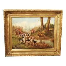 Antique French Oil on Canvas Stag Hunt Painting in Giltwood Frame, by H. De Forges | Chairish