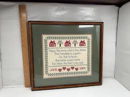 Vtg Cross Stitch Happy Home Where Love Abides Framed 1984 House tree | eBay