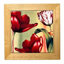 Vintage Red Tulip Ceramic Wall Tile Art Wooden Frame Floral ...