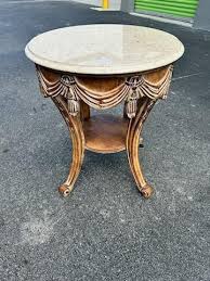 1980s French Gueridon Carved Wood Swag Tassel Travertine Top ...