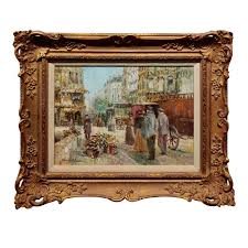 Henri Plisson -Parisian Flower Seller on a 1920s Busy Street-Oil Painting | Chairish