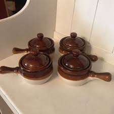 Vintage Set of 4 Soup Bowl w/Handle Three Tone Stoneware Crock With Lid | eBay