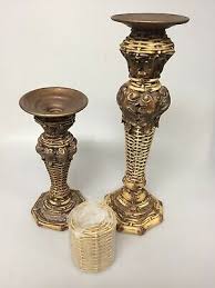 Faux Rattan Candle Holder Set Of 2 With Pillar Candle | eBay