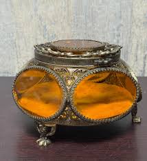 Vintage Ormolu Filigree Jewelry Casket Box Amber Glass ...