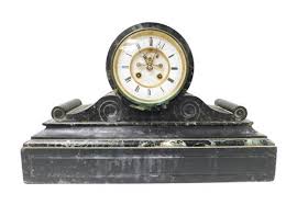 Sold at Auction: Marble mantel clock, late 19th / early 20th C., unknown maker, green, black and white variegated marble, round case, flanked by scro...