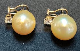 15 mm Round Golden South Sea Pearl and 1 Ct Diamond Cocktail Stud Earrings 14 KG For Sale at 1stDibs