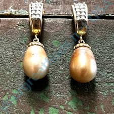 14K Yellow Gold Diamond Pierced Post Earrings Champagne Pearl Drops – Yourgreatfinds