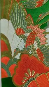 Vintage Japan Green Fukuro Obi w/ Gold, Silver, Red Cranes ...