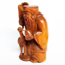 Y8828 - 2" Hand Carved Boxwood Netsuke - Immortal Man with Crane and Peach | eBay
