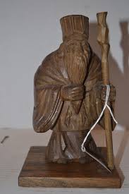 20th Century Japanese wood carving of a wiseman w/ walking stick H. 7.5 X W. 4