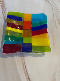 Small Dish with Multi-colored transparent strips 5″ x 5 ...