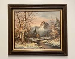 Vintage Landscape Oil Painting of a Winter Mountain Scene in ...