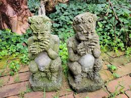 Pair Of Concrete Pan Satyr Figures W/ Flutes