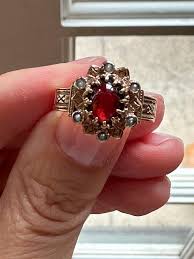 Antique Natural Cabochon Garnet and Seed Pearl Ring For Sale at 1stDibs | victorian garnet and pearl ring, wallis granat
