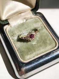 Art Nouveau Simulated Ruby and Diamond Halo Ring – Stacey Fay Designs