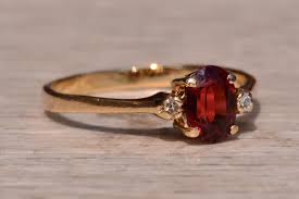 The Caswell: Garnet and Diamond Three Stone Ring In Yellow ...