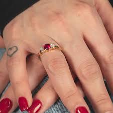 Three-Stone Ruby & Diamond Ring in 14K Yellow Gold – EFG Designs