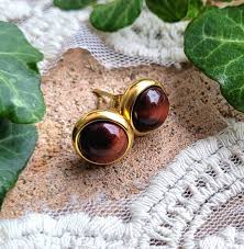 Solid Stud Earrings With Gemstone Cabochon - TIGER EYE - 8 ...