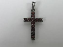 JUST ADDED - Sterling Silver Cross With (13) Round Red Garnet Like Stones 1' Long 1.0g
