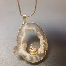 Geode Pendant With Gold Chain. Small Amber Stone In The ...