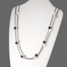 White Black Grey Glass Pearl Beads Gunmetal Chain 70" Long ...
