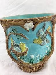 French Majolica Cachepot With Birds and Nests | Chairish