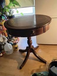 Antique/Vintage Drum Table w/Leather Inlaid Top, One ...