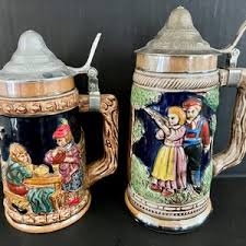 Vintage German Beer Steins With Attached Metal Lids and Hand-painted, Raised Relief Exteriors, Made in Japan. One 7" Tall, One 7.75" Tall. - Etsy