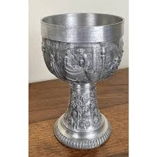 Vintage Medieval Style Pewter Chalices, Cups and Jug with Decorations of Animated Scenes, Set of 13 | Chairish