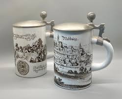 2 Vintage German Pewter Lidded Porcelain Ceramic Beer Steins ...