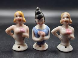 3 MINIATURE 1920s Antique PORCELAIN Pin Cushion 1/2 DOLLS + ...