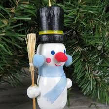 Vintage Snowman Wood Ornament Broom Top Hat Blue Scarf Ear ...