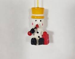 Vintage Hand Painted Wooden Snowman Christmas Ornament Made ...