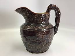 Fabulous Rockingham Brown Glaze Pottery Ram Figurative Pitcher