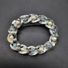 Faux Pearl Blue Rhinestone Brooch Signed Gerrys Oval Silver ...