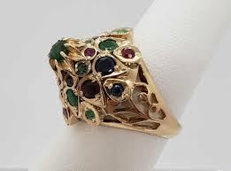 14K Pagoda Ring Rose Yellow Gold Emerald Ruby Sapphire ...