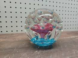Vintage Art Glass - Pink Flower Paperweight Ball, Blue and ...
