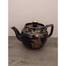 England Black Teapot Gold Trim with Hand-Painted Flowers ...